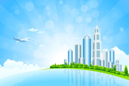 Business City Island with Aircraft on Green Background