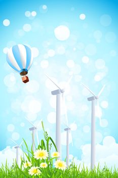 Abstract Background with Wind Power Plant, Grass, Flowers and Hot Air Balloon