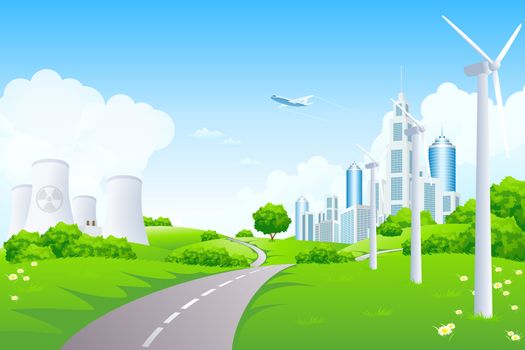 Green Landscape with Road, Airplane, City, Windmills and  Nuclear Power Plant	