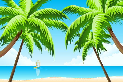 Tropical Background with Sea, Clouds and Palm Tree