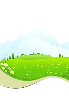 Green Landscape with  Hills, Grass, Flowers and Clouds isolated on white background