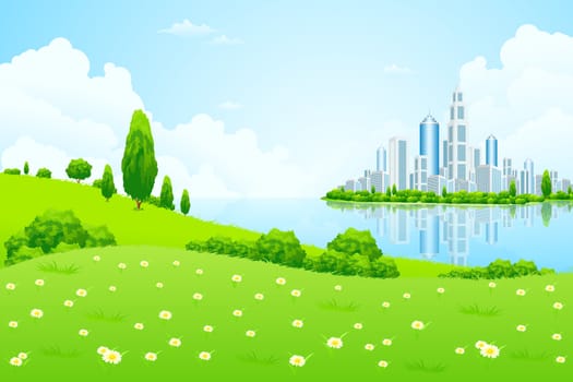 Business City on Island. Green Landscape.