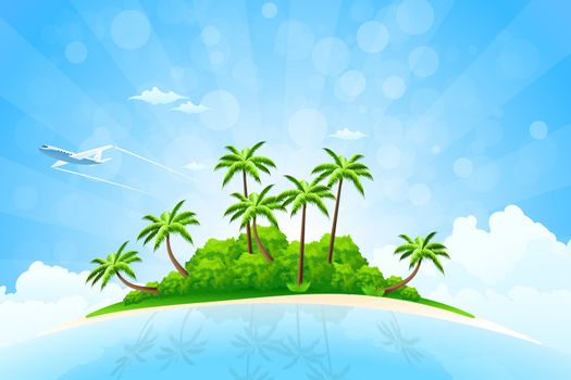 Tropical Island Background with Airplane and Clouds