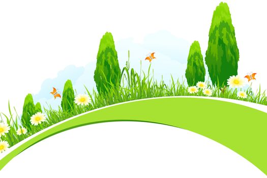 Green Landscape with  Trees, Grass, Flowers and Clouds isolated on white background