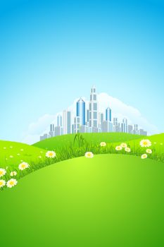 Green landscape with grass, flowers, city and clouds