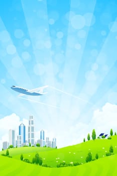 Green landscape with trees, city, airplane and clouds