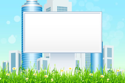 Empty Billboard in the Green Grass with City on the Background