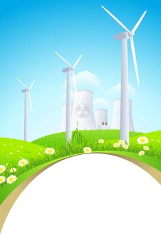 Green Landscape with Grass, Flowers, Windmills and Nuclear Power Plant