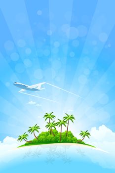 Tropical Island Background with Airplane and Clouds