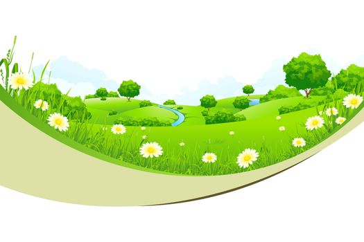 Green Landscape with  Hills, Trees, Flowers and Clouds isolated on white background