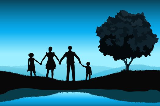Nature Background with Family Silhouette and Tree