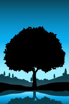 Nature Landscape with Tree Silhouette and with Lake