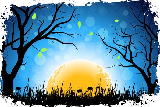 Grungy Sunrise Background with Trees and Grass