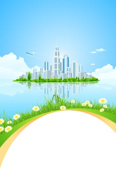 City Landscape Island with Green Trees, Grass and Flowers   