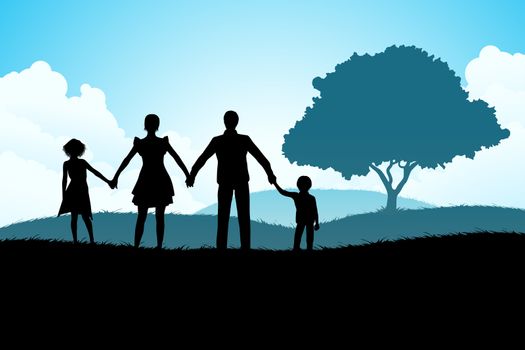 Nature Background with Family Silhouette and Tree