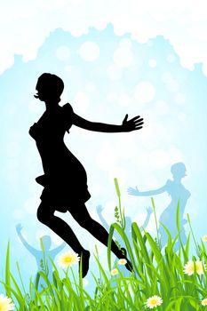 Nature Background with Girl Silhouettes, Grass and Clouds