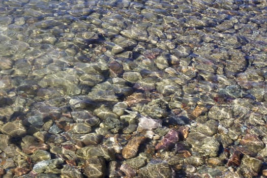 pebbles under water with the sun reflected in water