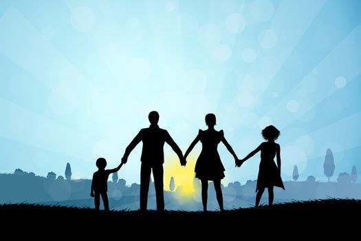 Nature Background with Family Silhouette and Tree