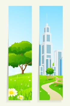 Two Vertical Banners with Nature and City