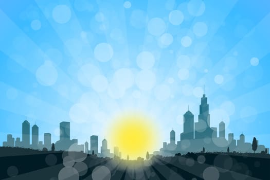 Nature Landscape with City Silhouette and Sun Rays