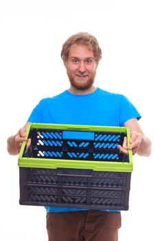 Man holding emptyt bast container 