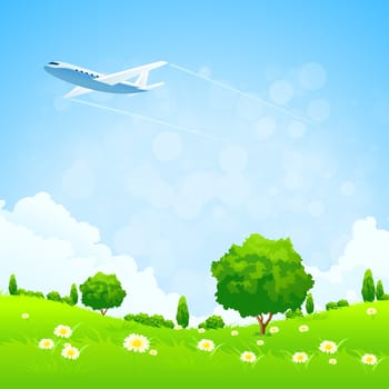 Green Landscape with  Flowers Trees and Airplane