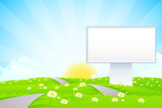 Empty Billboard in the Green Grass with Flowers and Road