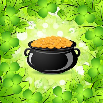 St. Patricks Day Cauldron with Gold Coins in Green leaves and Shamrocks