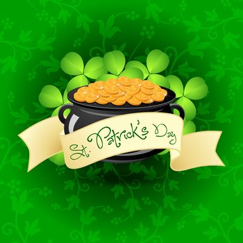 St. Patricks Day Cauldron with Gold Coins in Green leaves and Shamrocks