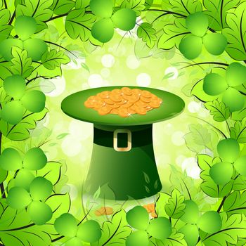 St. Patricks Day Card with  Leprechaun Hat, Gold Coins, Leaves and Shamrock