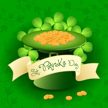 St. Patricks Day Card with  Leprechaun Hat, Gold Coins and Shamrock