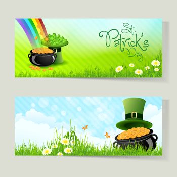 Set of St. Patrick's Day Cards with Cauldron,  Leprechaun Hat, Gold Coins, Rainbow, Grass and Shamrock