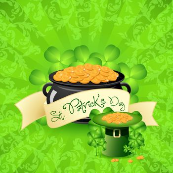 Saint Patrick's Day with Leprechaun Hat, Shamrock and Cauldron with Gold Coins