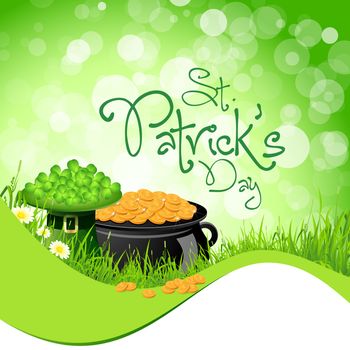 Saint Patrick's Day with Flowers, Leprechaun Hat, Shamrock and Cauldron with Gold Coins
