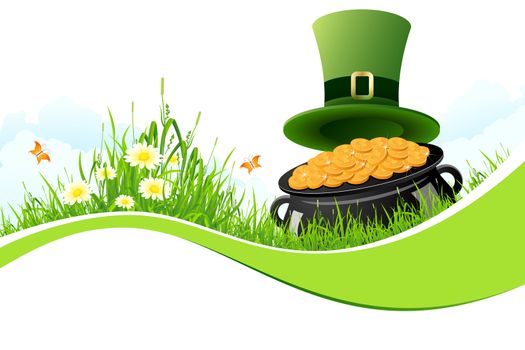 Saint Patrick's Day Background with Flowers, Leprechaun Hat and Cauldron with Gold Coins