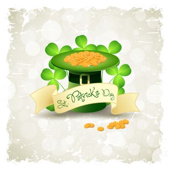 Grungy Patrick's Day Card with  Leprechaun Hat, Gold Coins and Shamrock