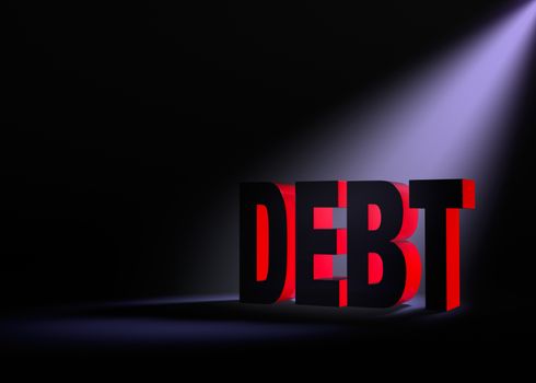 Angled spotlight backlighting and revealing red "DEBT" on a dark background.