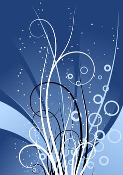 creative background with scrolls and circles in blue color, vector illustration