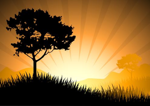amazing natural sunset landscape with tree silhouette, vector illustration
