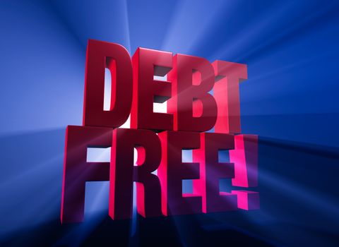 Viewed at a dramatic angle, a bold, red "DEBT FREE!" stands on a dark blue background brilliantly backlit with light rays shining through.
