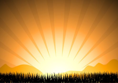 abstract sunset in mountain with grass silhouette, vector illustration
