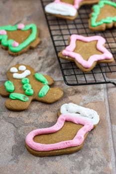 Decorated Gingerbread Christmas cookies on a tile counter top.