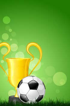 Soccer Ball with Trophy on Green Grass Background