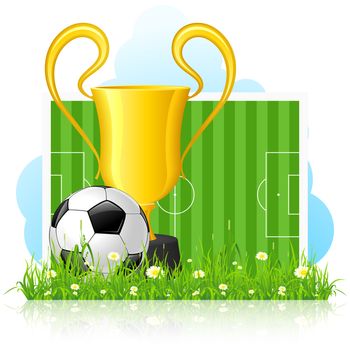 Soccer Ball with Trophy on Green Grass and Gridiron Background