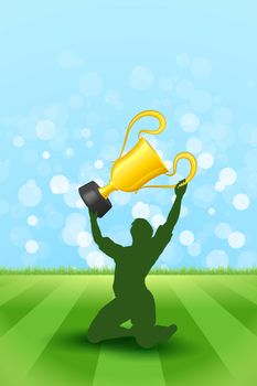 Soccer Background with Grass and with Player that Holding Award Trophy