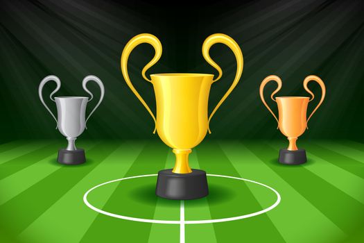 Soccer Background with Three Award Trophy on Gridiron
