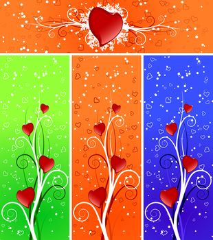Color Saint Valentine's banners with snow scrolls and heart shapes