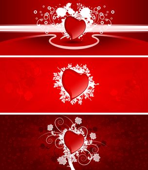 Color Saint Valentine's banners with snow scrolls and heart shapes