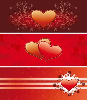 Color Saint Valentine's banners with scrolls and heart shapes