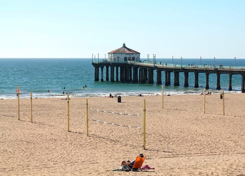 People enjoy the summer at Manhattan Beach Pier,California.